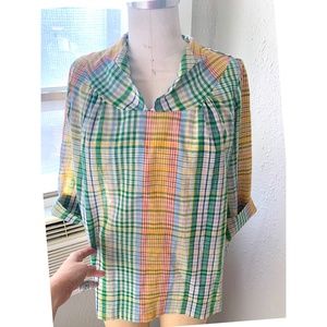 super cute fun VINTAGE colors raw silk/linen plaid shirt